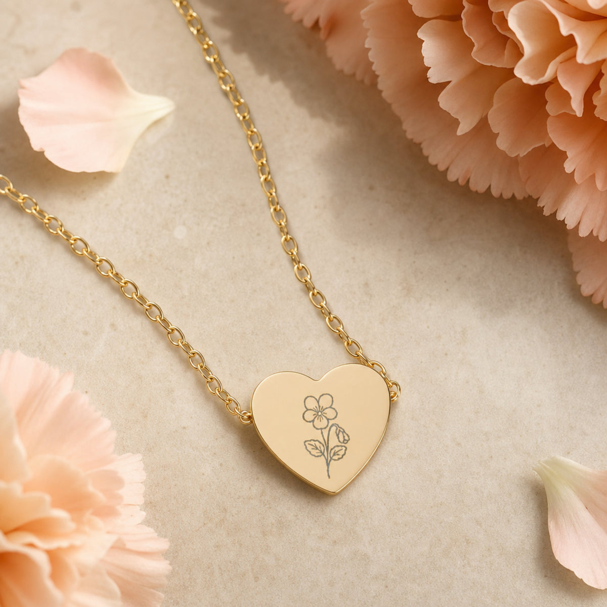 February birth flower necklace — violet heart pendant hero with violet blooms