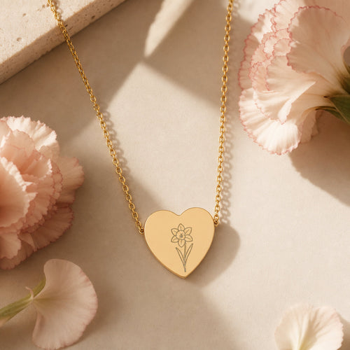 March Birth Flower Necklace — Daffodil Heart Pendant
