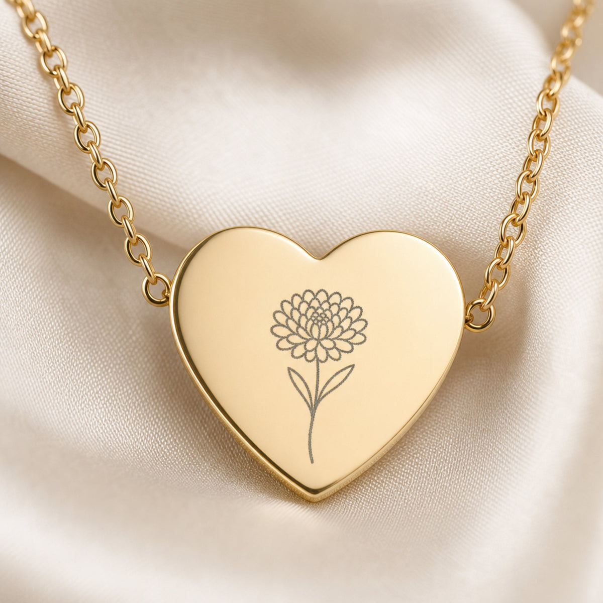 November chrysanthemum engraving close-up — laser-etched detail on heart pendant in 18K Gold PVD