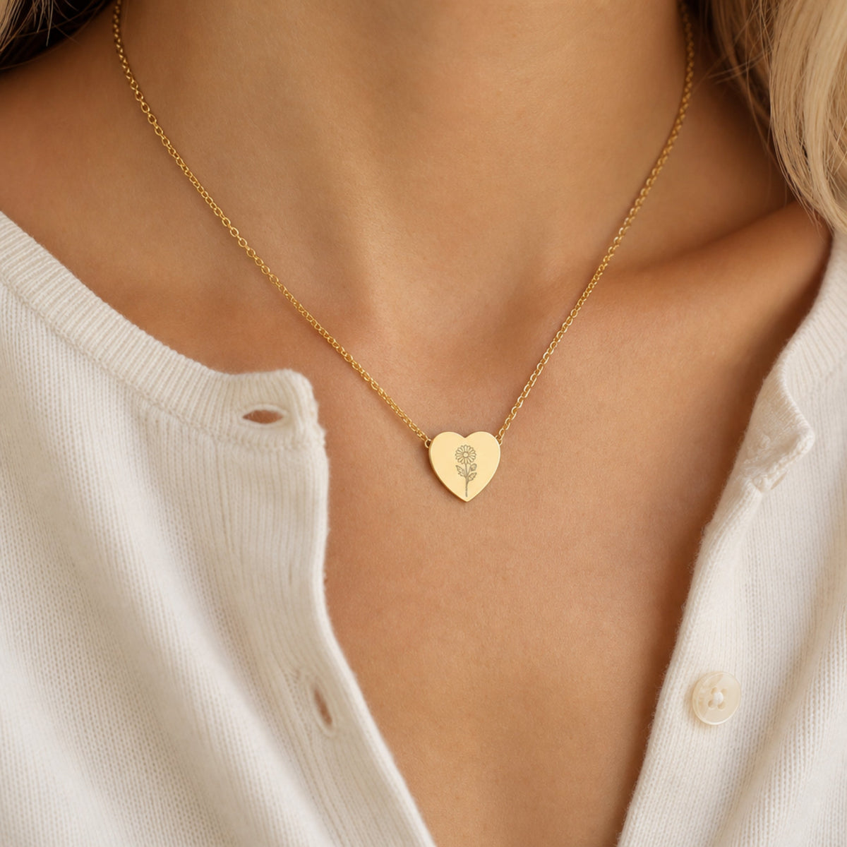 September birth flower necklace with aster engraving in 18K Gold PVD, worn on model