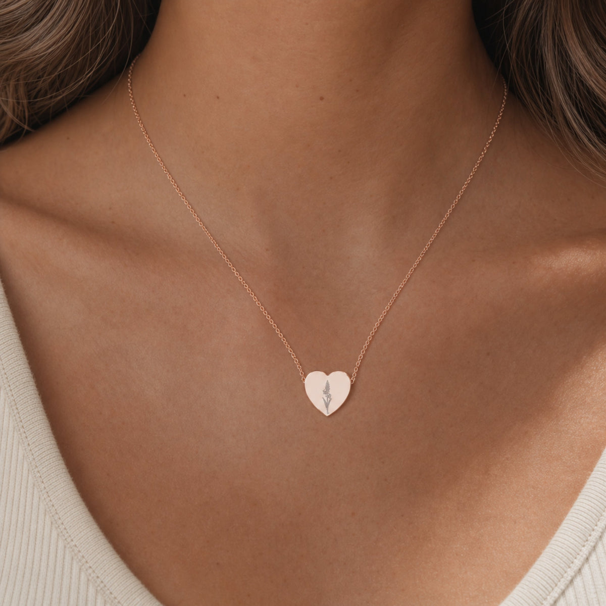 August birth flower necklace with gladiolus engraving in 18K Rose Gold PVD, worn on model