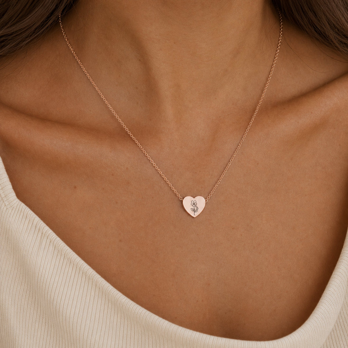 February birth flower necklace with violet engraving in 18K Rose Gold PVD, worn on model