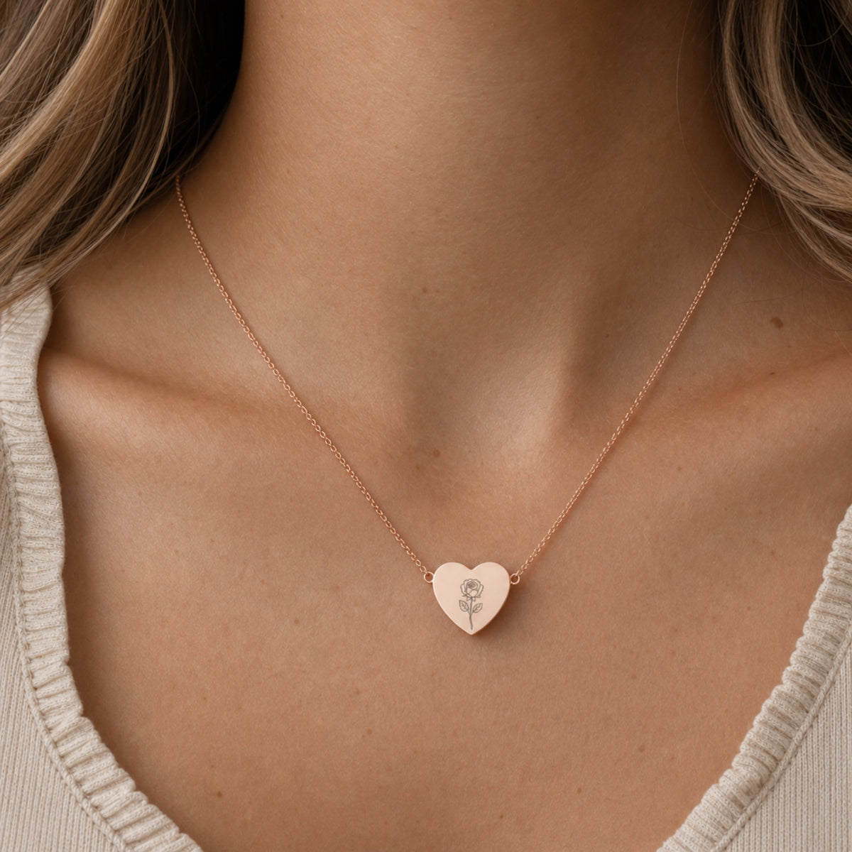 June birth flower necklace with rose engraving in 18K Rose Gold PVD, worn on model