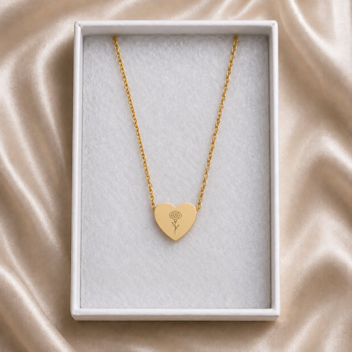 January birth flower necklace with carnation engraving in cream gift box, ready to give
