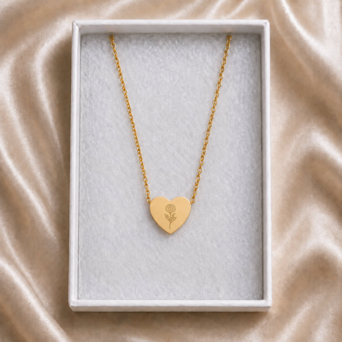 October birth flower necklace with marigold engraving in cream gift box, ready to give