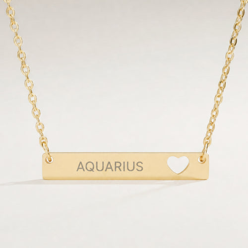 Aquarius Zodiac Necklace — Engraved Cutout Heart Bar Pendant
