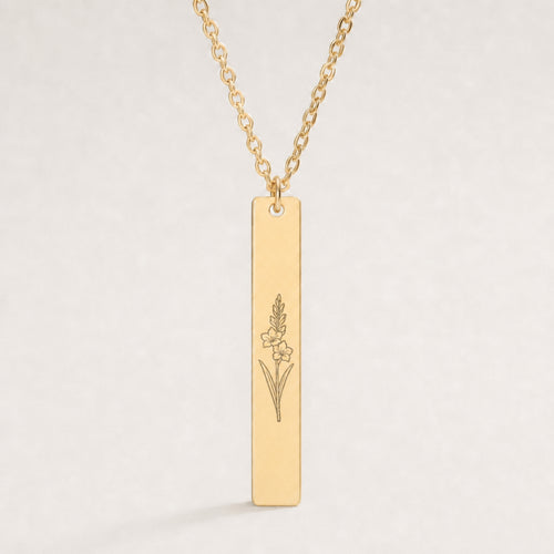 August Birth Flower Necklace — Gladiolus Vertical Bar Pendant