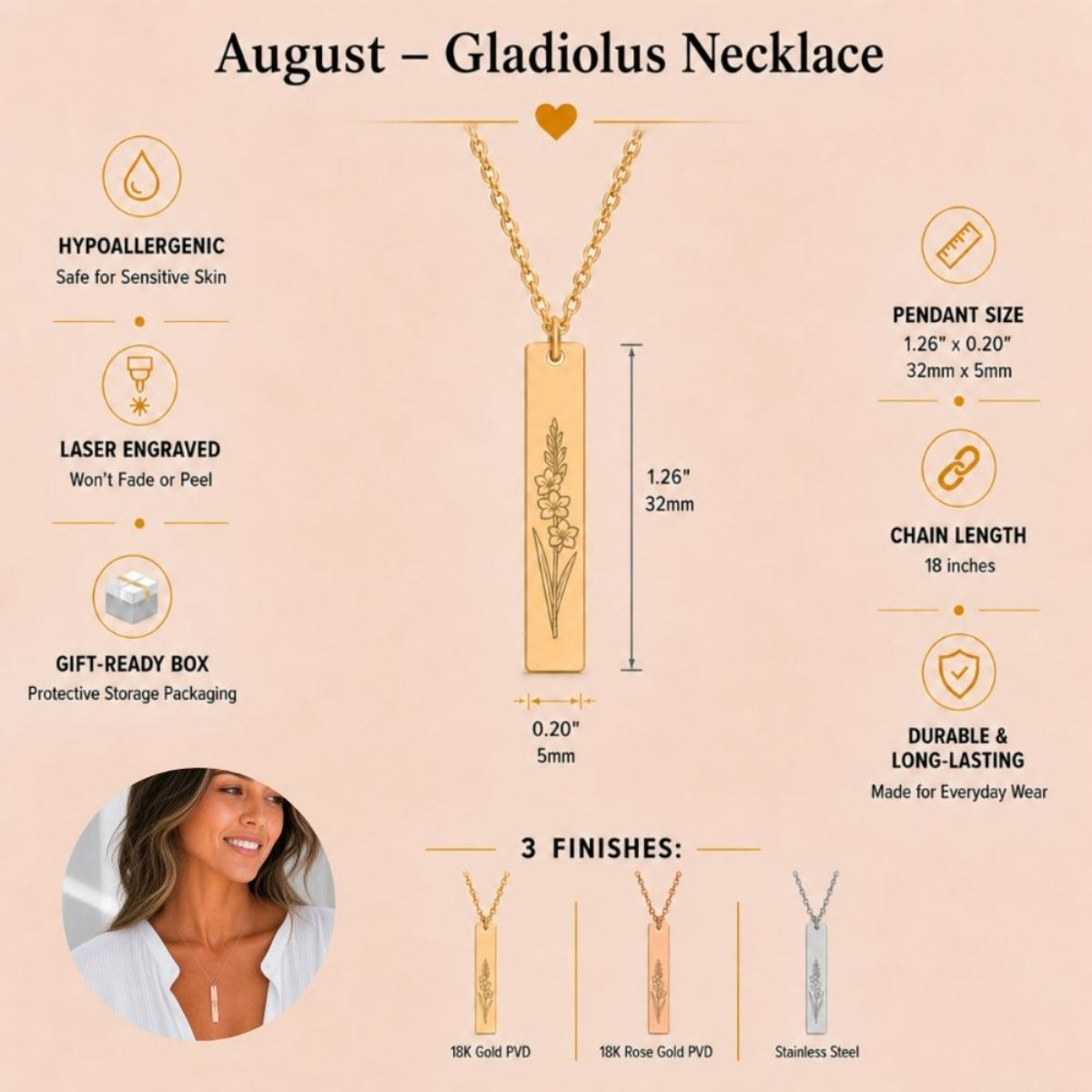 August birth flower necklace — Gladiolus vertical bar pendant specs: 1.26" × 0.20" × 0.08" (32 × 5 × 2 mm), 18-inch chain, premium 316L stainless steel