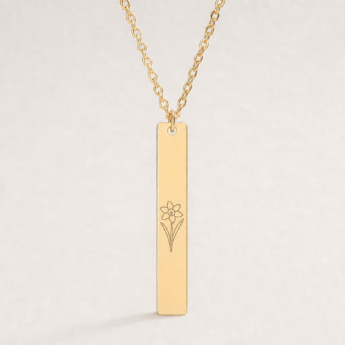 December Birth Flower Necklace — Narcissus Vertical Bar Pendant