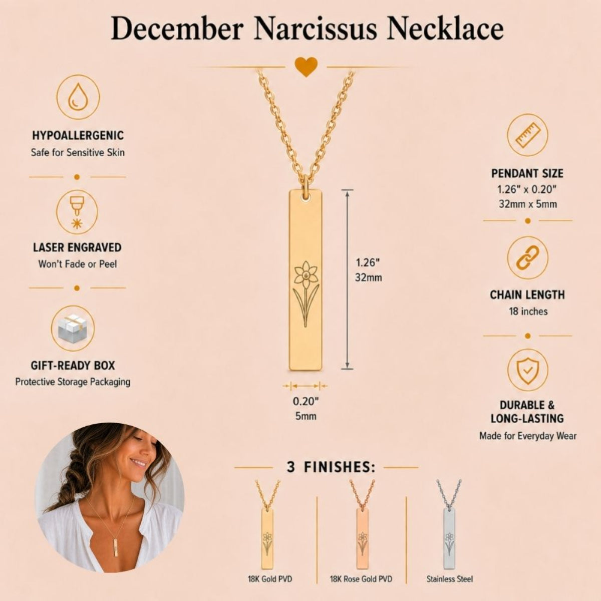 December birth flower necklace — Narcissus vertical bar pendant specs: 1.26" × 0.20" × 0.08" (32 × 5 × 2 mm), 18-inch chain, premium 316L stainless steel
