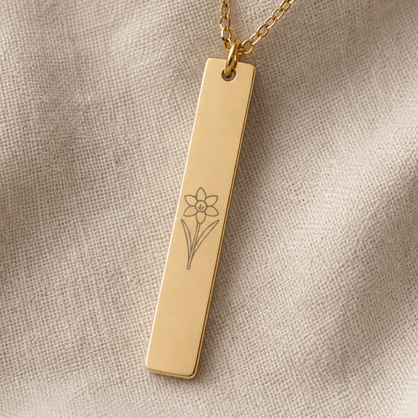 December Birth Flower Necklace — Narcissus Vertical Bar Pendant