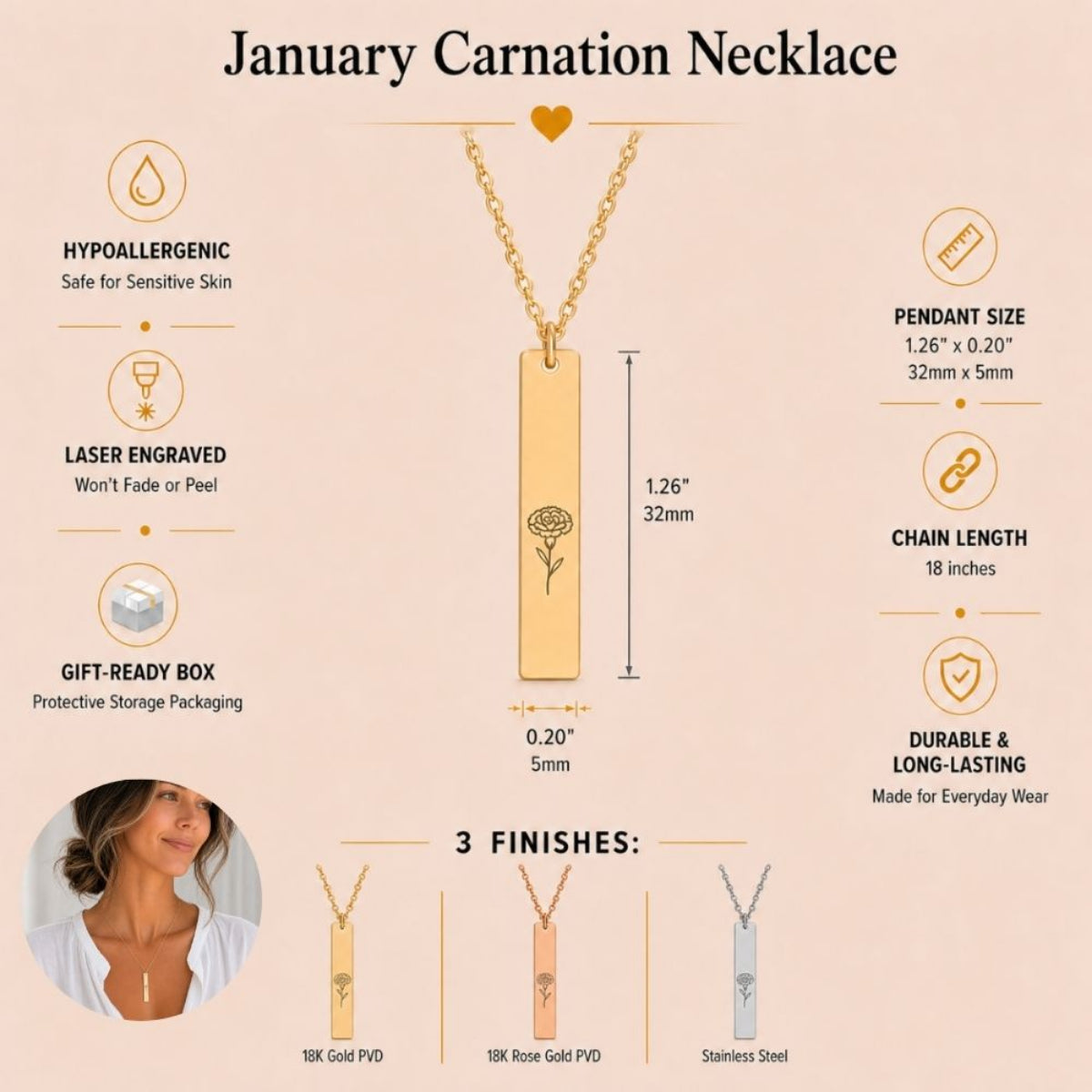 January birth flower necklace — Carnation vertical bar pendant specs: 1.26" × 0.20" × 0.08" (32 × 5 × 2 mm), 18-inch chain, premium 316L stainless steel, single top jump ring