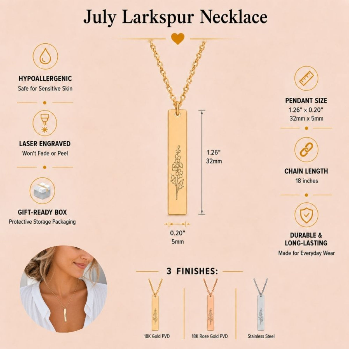 July birth flower necklace — Larkspur vertical bar pendant specs: 1.26" × 0.20" × 0.08" (32 × 5 × 2 mm), 18-inch chain, premium 316L stainless steel