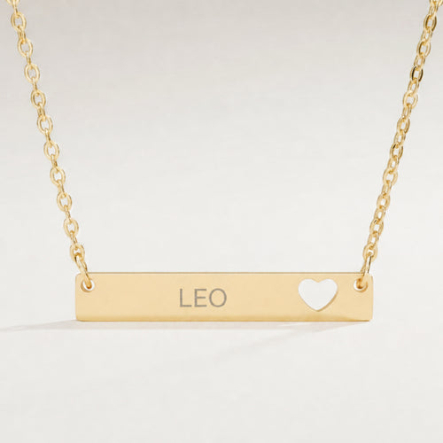 Leo Zodiac Necklace — Engraved Cutout Heart Bar Pendant