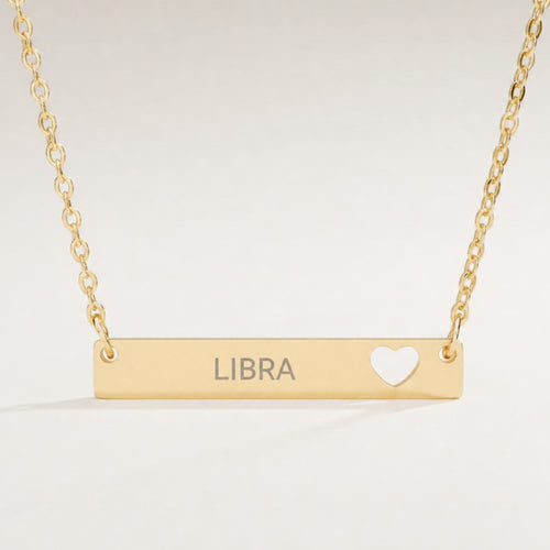 Libra Zodiac Necklace — Engraved Cutout Heart Bar Pendant