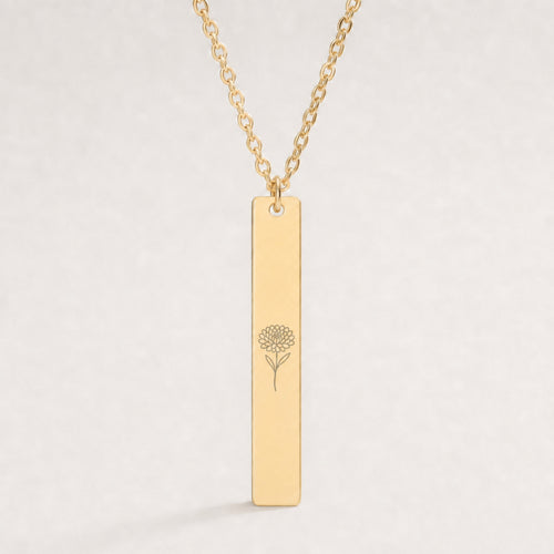 November Birth Flower Necklace — Chrysanthemum Vertical Bar Pendant