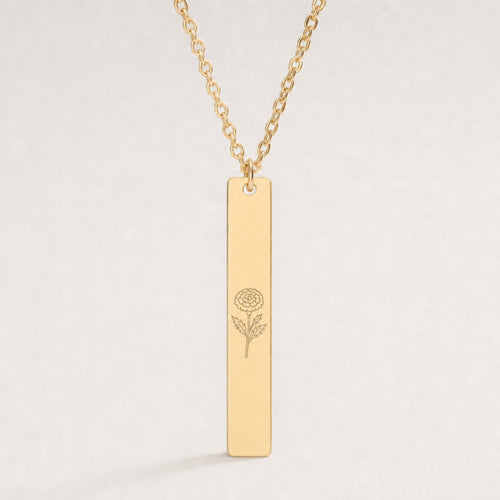 October Birth Flower Necklace — Marigold Vertical Bar Pendant