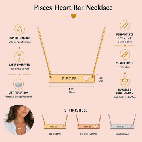 Pisces Zodiac Necklace — Engraved Cutout Heart Bar Pendant