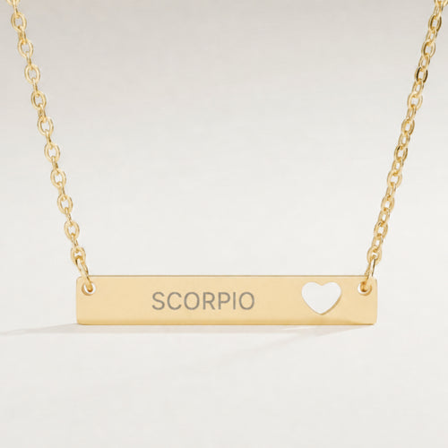 Scorpio Zodiac Necklace — Engraved Cutout Heart Bar Pendant