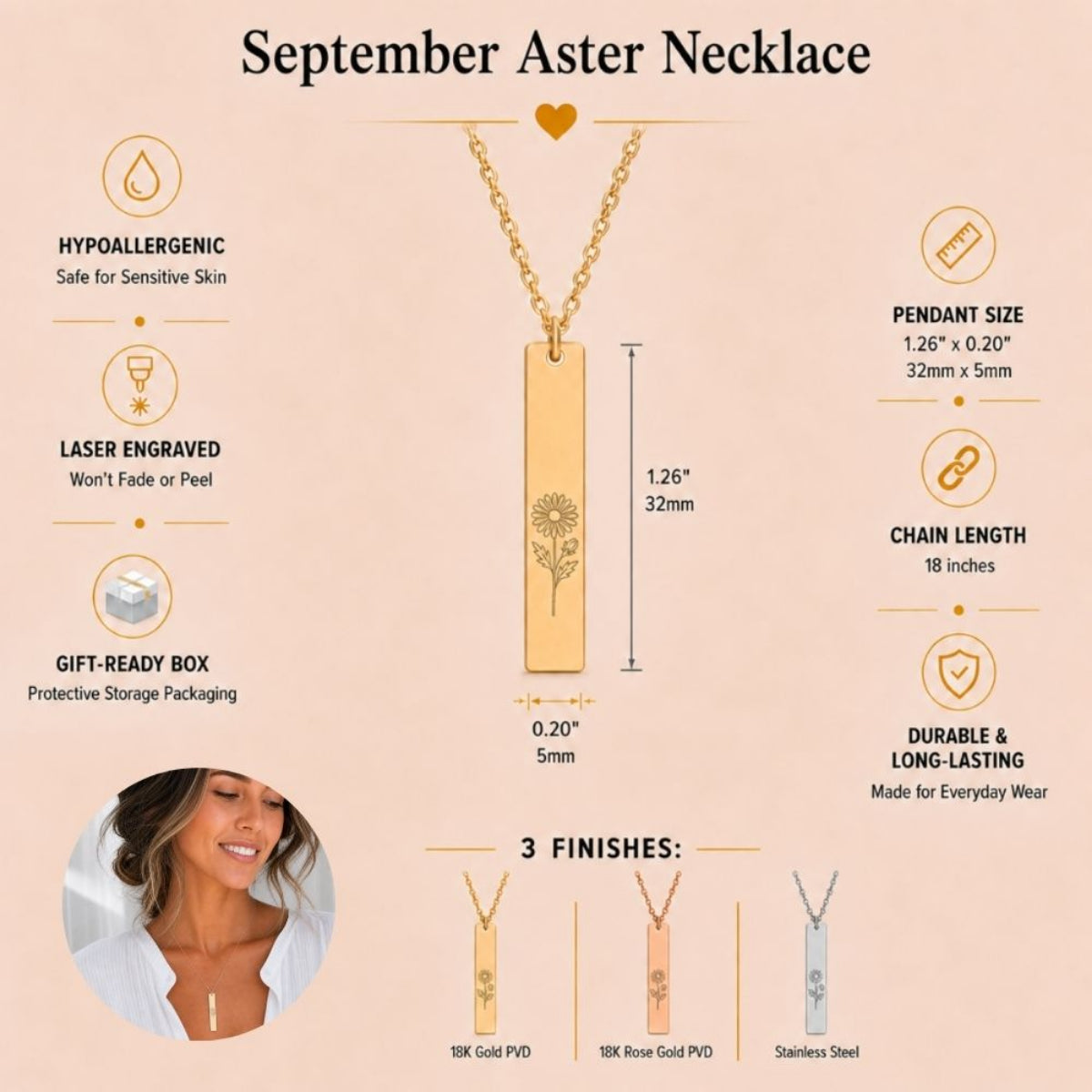 September birth flower necklace — Aster vertical bar pendant specs: 1.26" × 0.20" × 0.08" (32 × 5 × 2 mm), 18-inch chain, premium 316L stainless steel