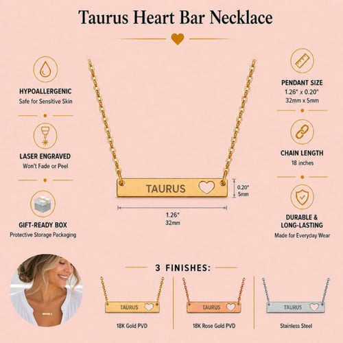 Taurus Zodiac Necklace — Engraved Cutout Heart Bar Pendant