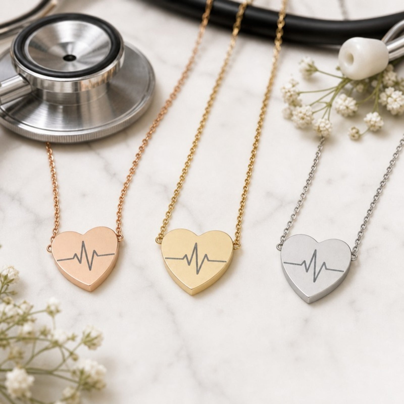 Heartbeat necklace EKG heart pendant — 3 finishes comparison (gold, rose gold, stainless steel) on marble with stethoscope and babys breath. Memory That Lasts.