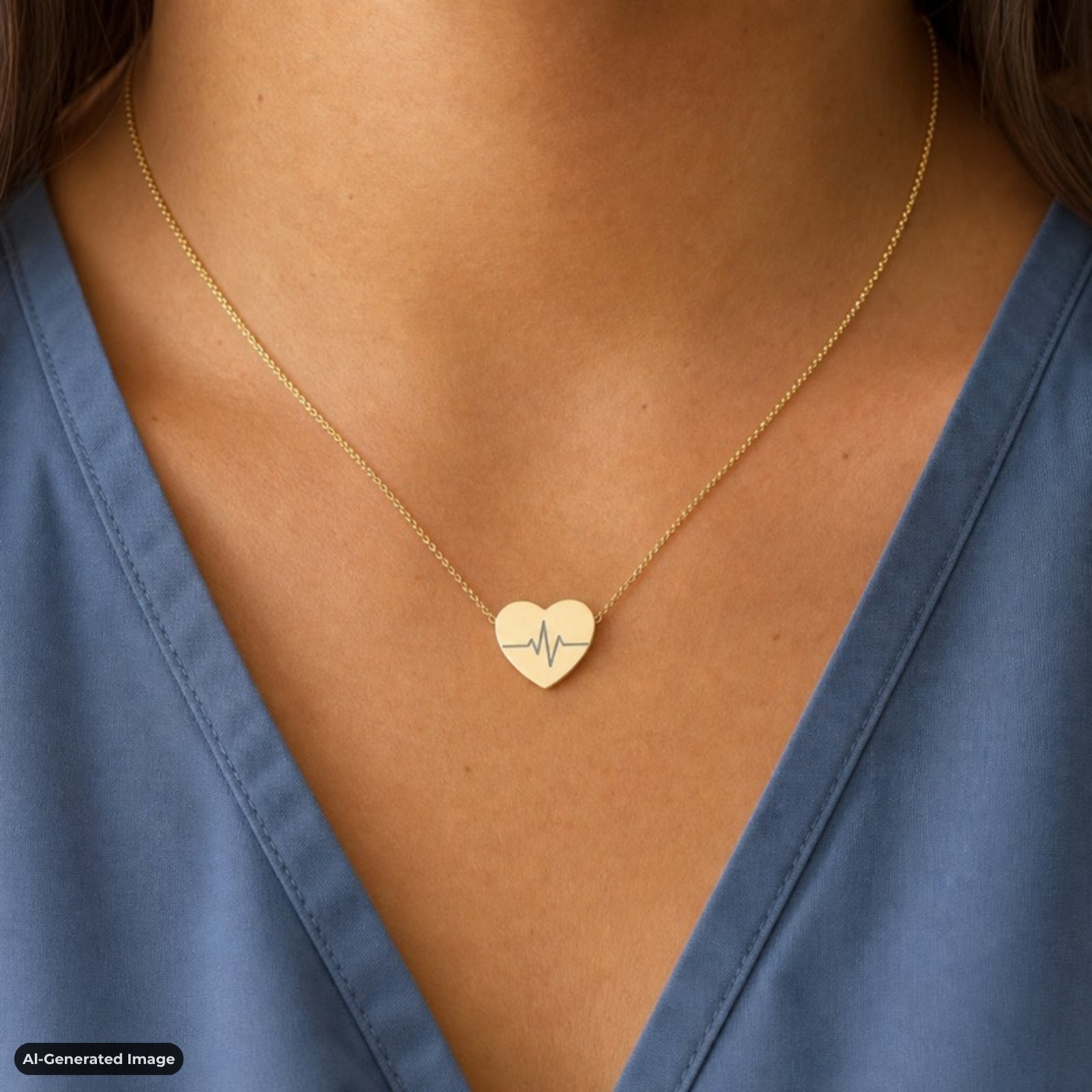 Heartbeat necklace in 18K Gold PVD finish, worn on model with nurse scrubs, on-neck lifestyle (AI-generated image). Memory That Lasts.