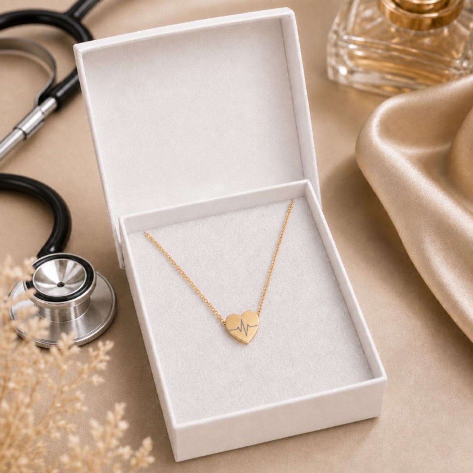Heartbeat necklace in cream gift box with stethoscope — ready-to-give 18K Gold PVD heart pendant keepsake. Memory That Lasts.