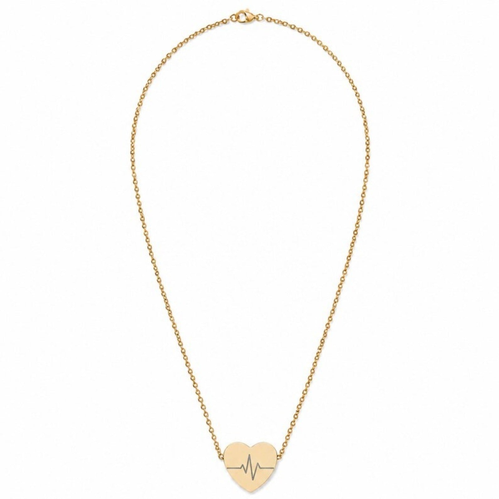 Heartbeat necklace full chain flatlay on white — 18K Gold PVD EKG heart pendant. Memory That Lasts.