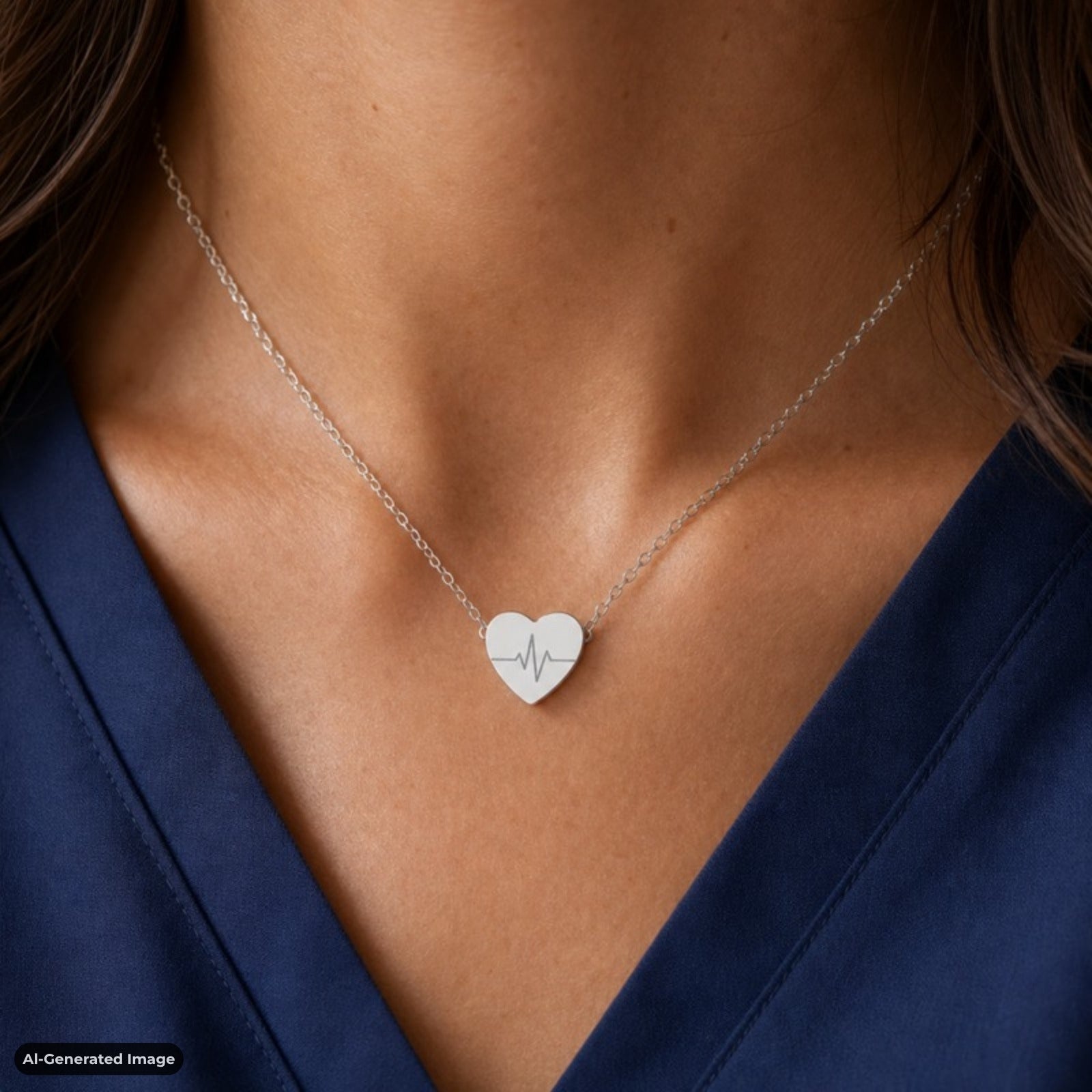 Heartbeat necklace in Stainless Steel finish, worn on model with nurse scrubs, on-neck lifestyle (AI-generated image). Memory That Lasts.