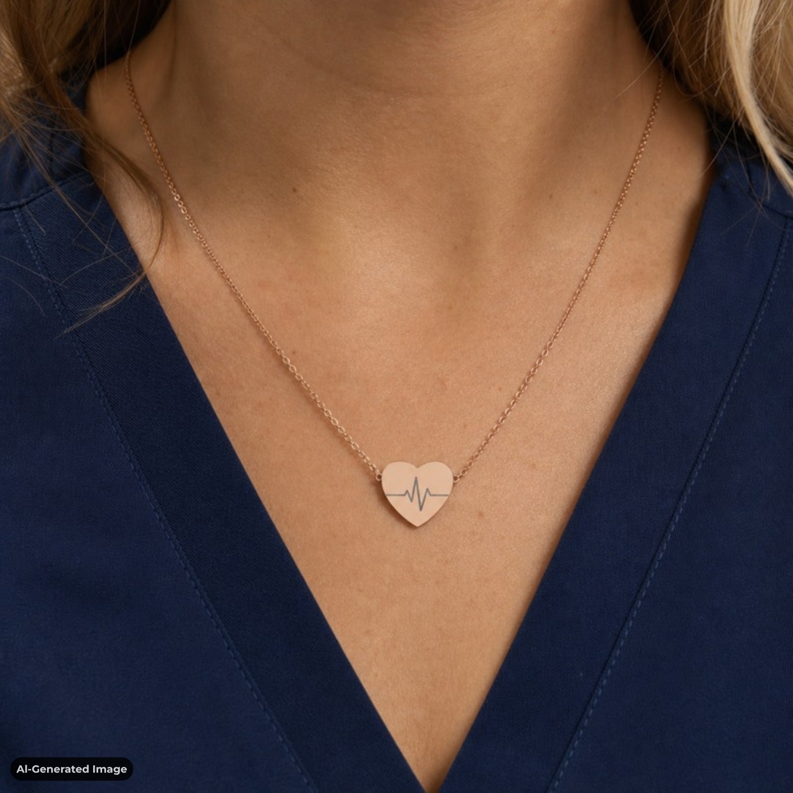 Heartbeat necklace in 18K Rose Gold PVD finish, worn on model with nurse scrubs, on-neck lifestyle (AI-generated image). Memory That Lasts.