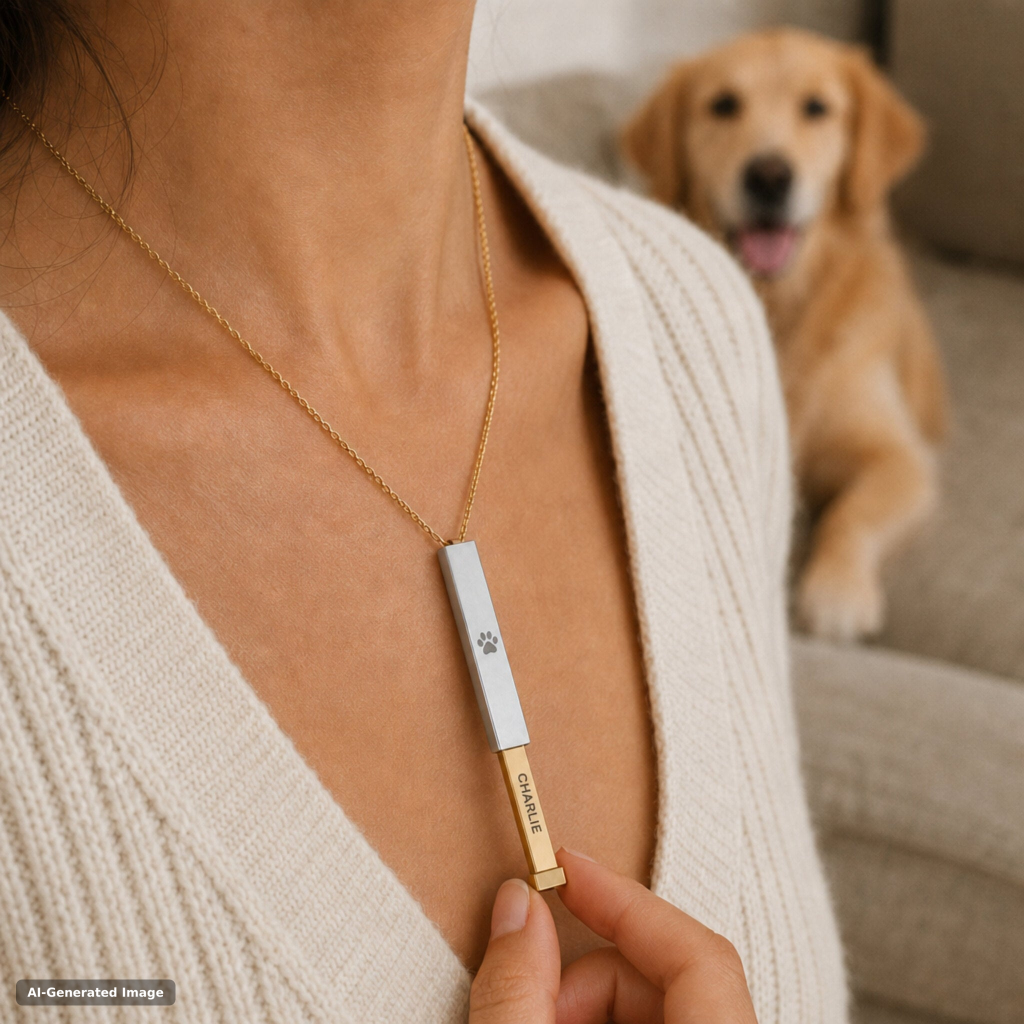 Woman wearing a personalized dog paw hidden-message sliding bar necklace in gold, holding the pendant beside her golden retriever — engraved pet keepsake gift (AI-generated image)