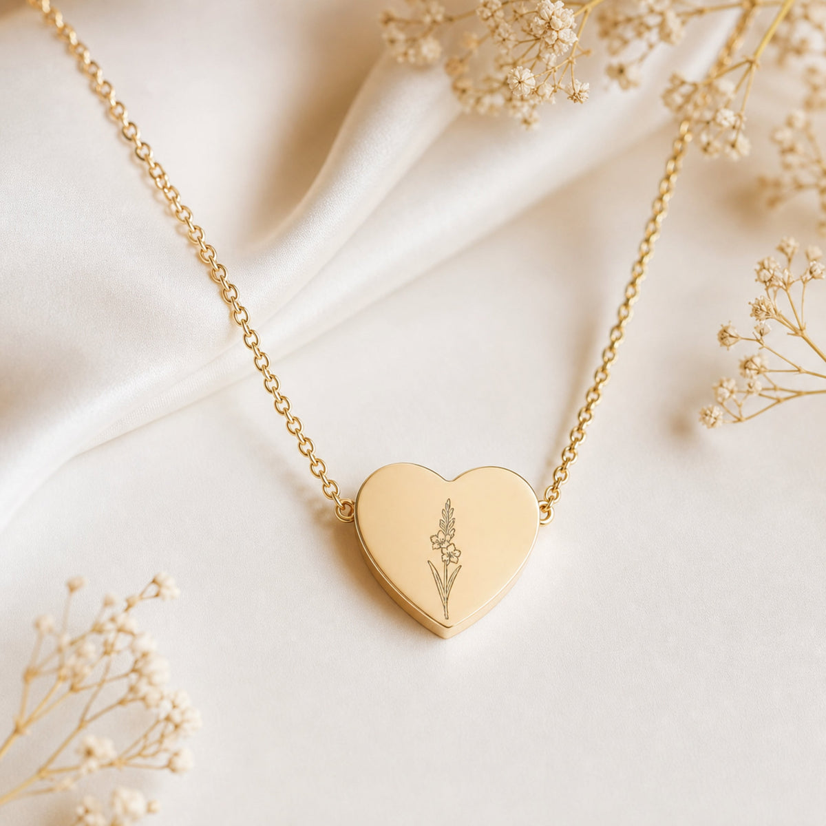 August birth flower necklace — gladiolus heart pendant hero with gladiolus blooms