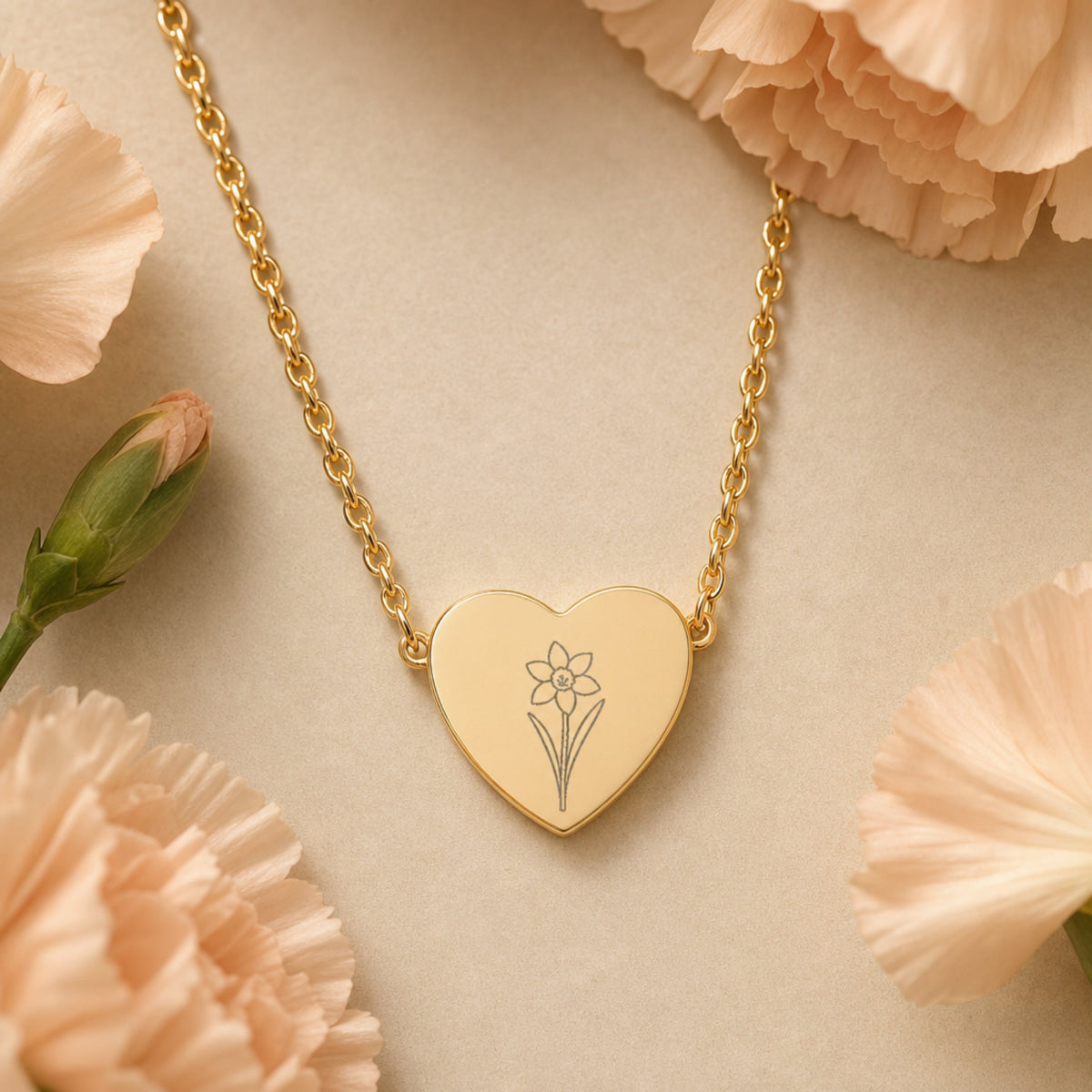 December birth flower necklace — narcissus heart pendant hero with narcissus blooms