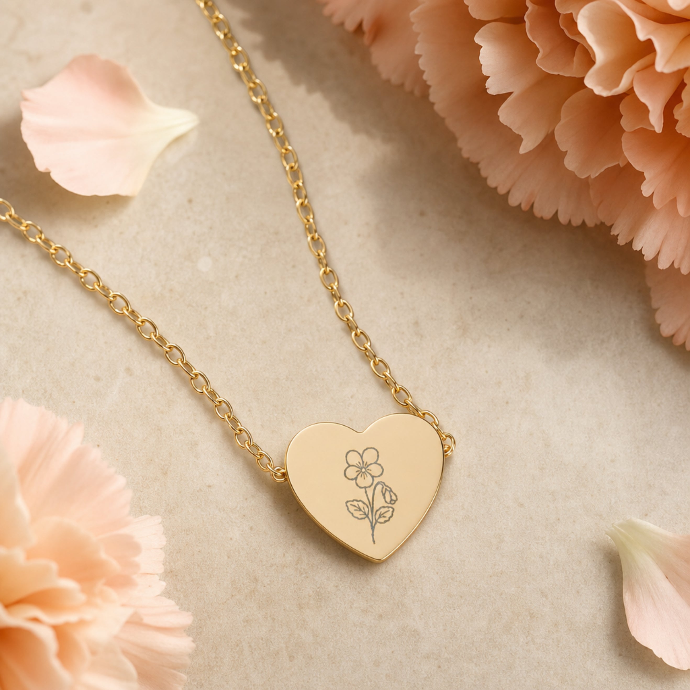 February birth flower necklace — violet heart pendant hero with violet blooms