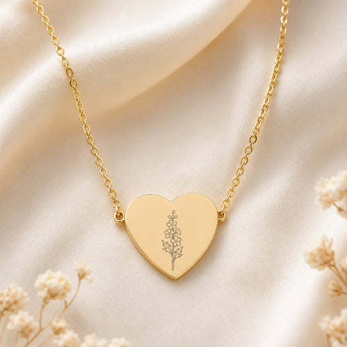 July Birth Flower Necklace — Larkspur Heart Pendant