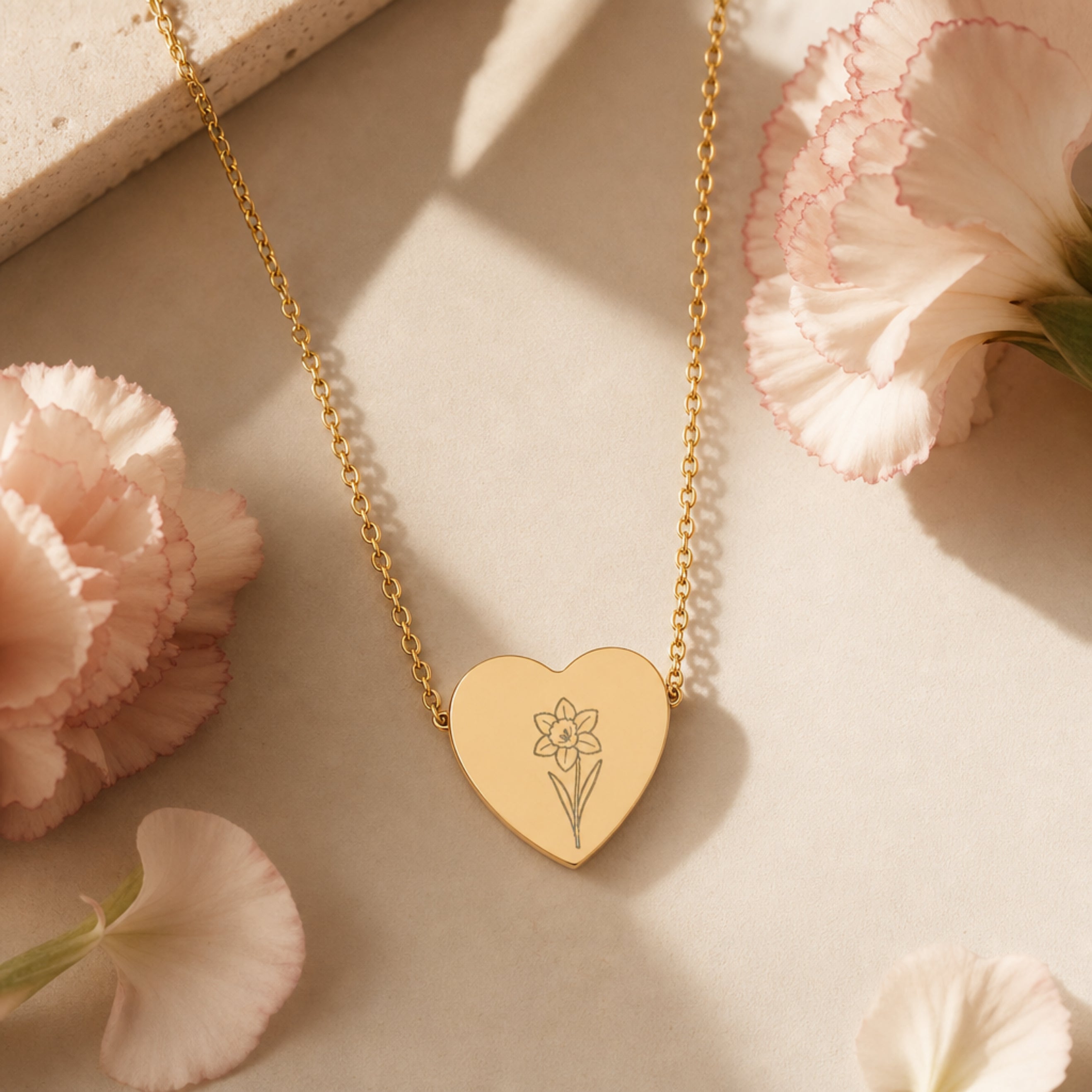March birth flower necklace — daffodil heart pendant hero with daffodil blooms