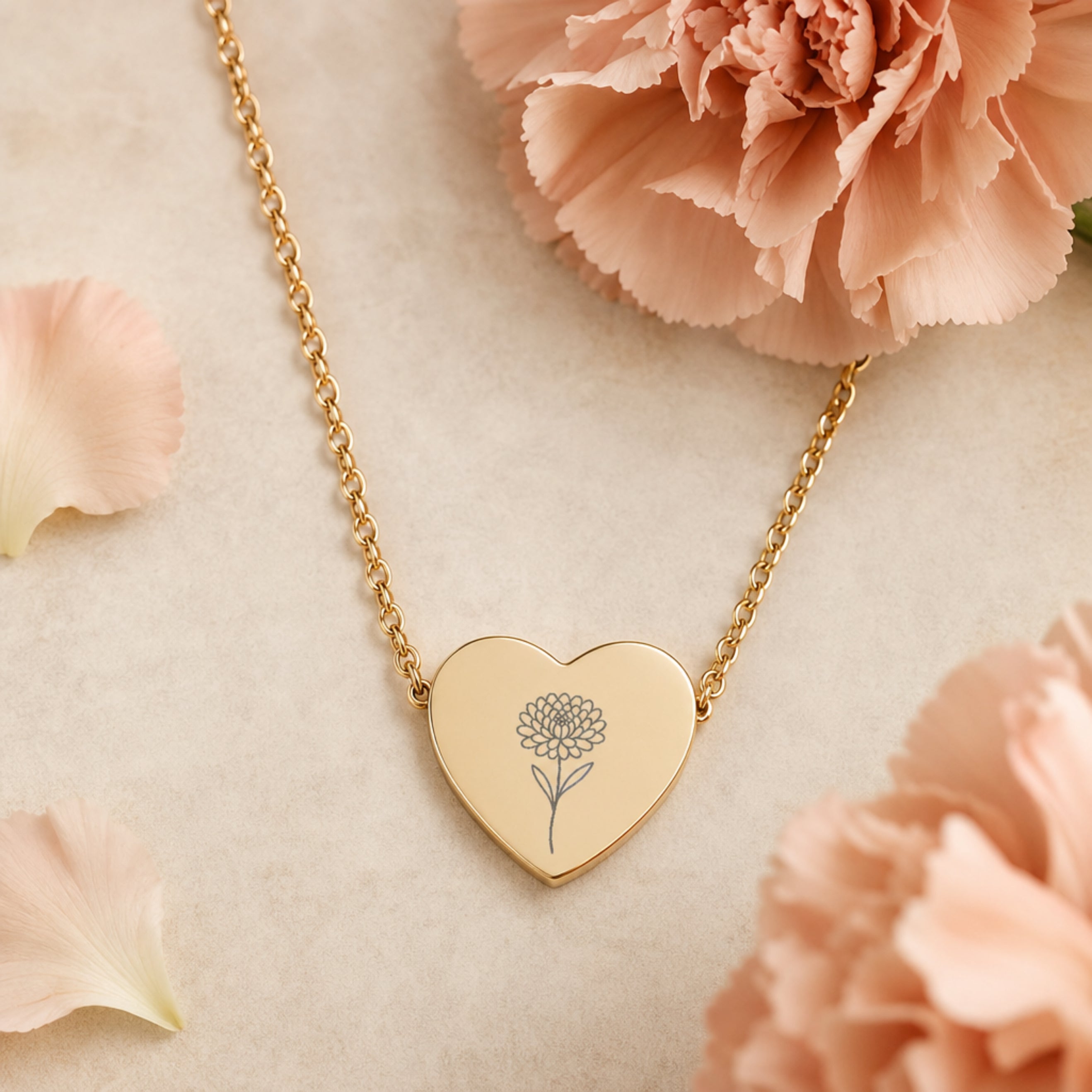 November birth flower necklace — chrysanthemum heart pendant hero with chrysanthemum blooms