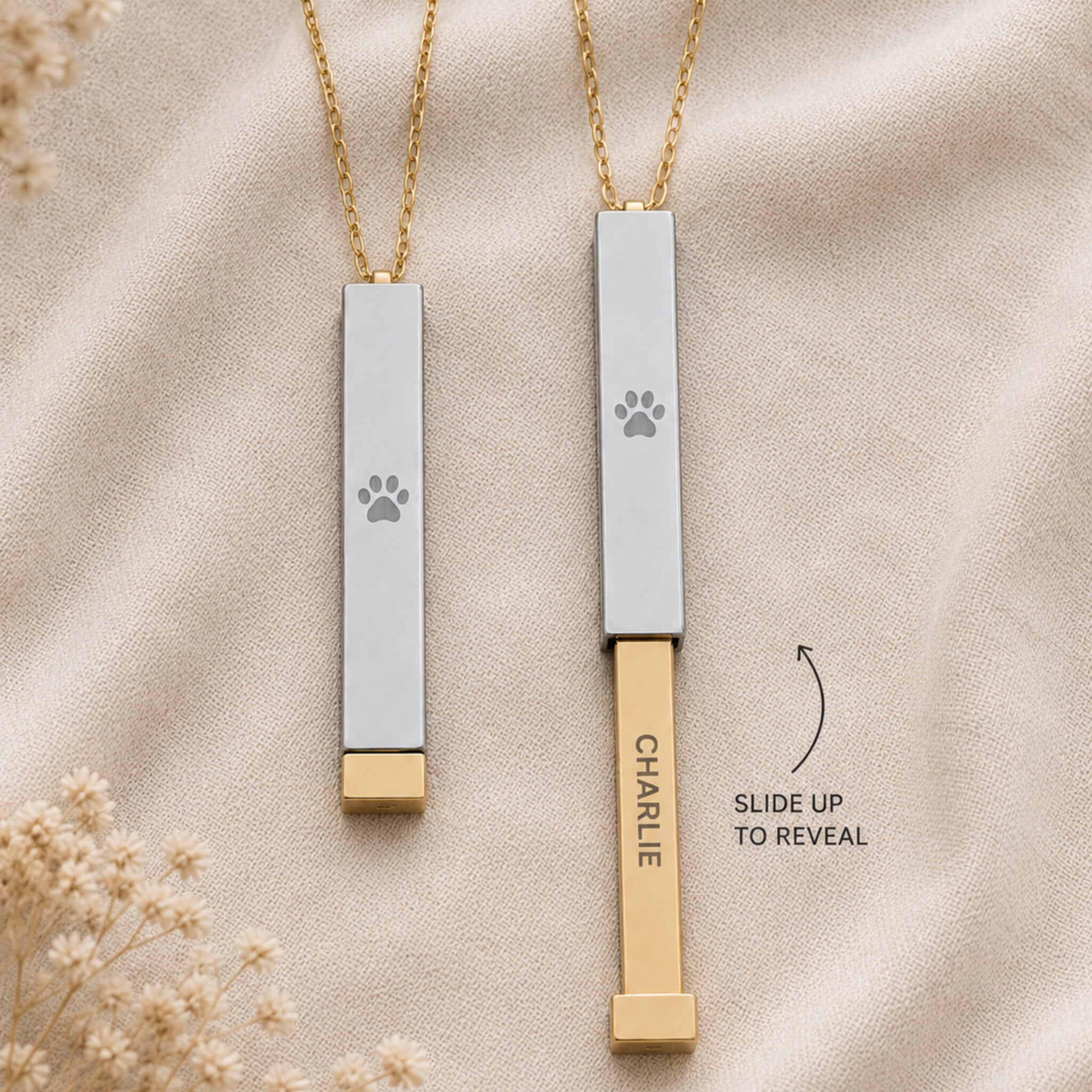Dog paw hidden-message sliding bar necklace shown closed and slid open to reveal an engraved pet name — personalized gold and stainless steel