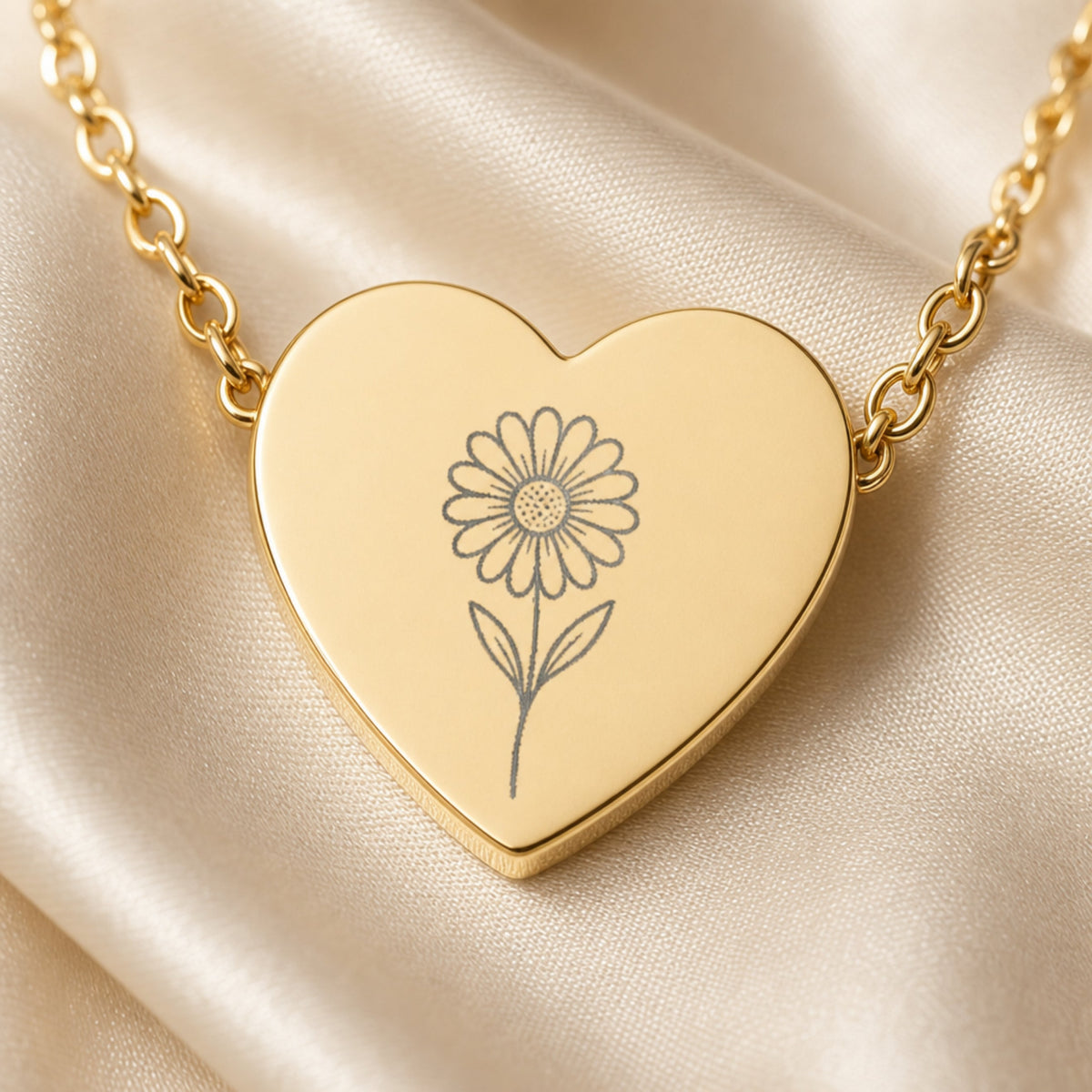 April daisy engraving close-up — laser-etched detail on heart pendant in 18K Gold PVD