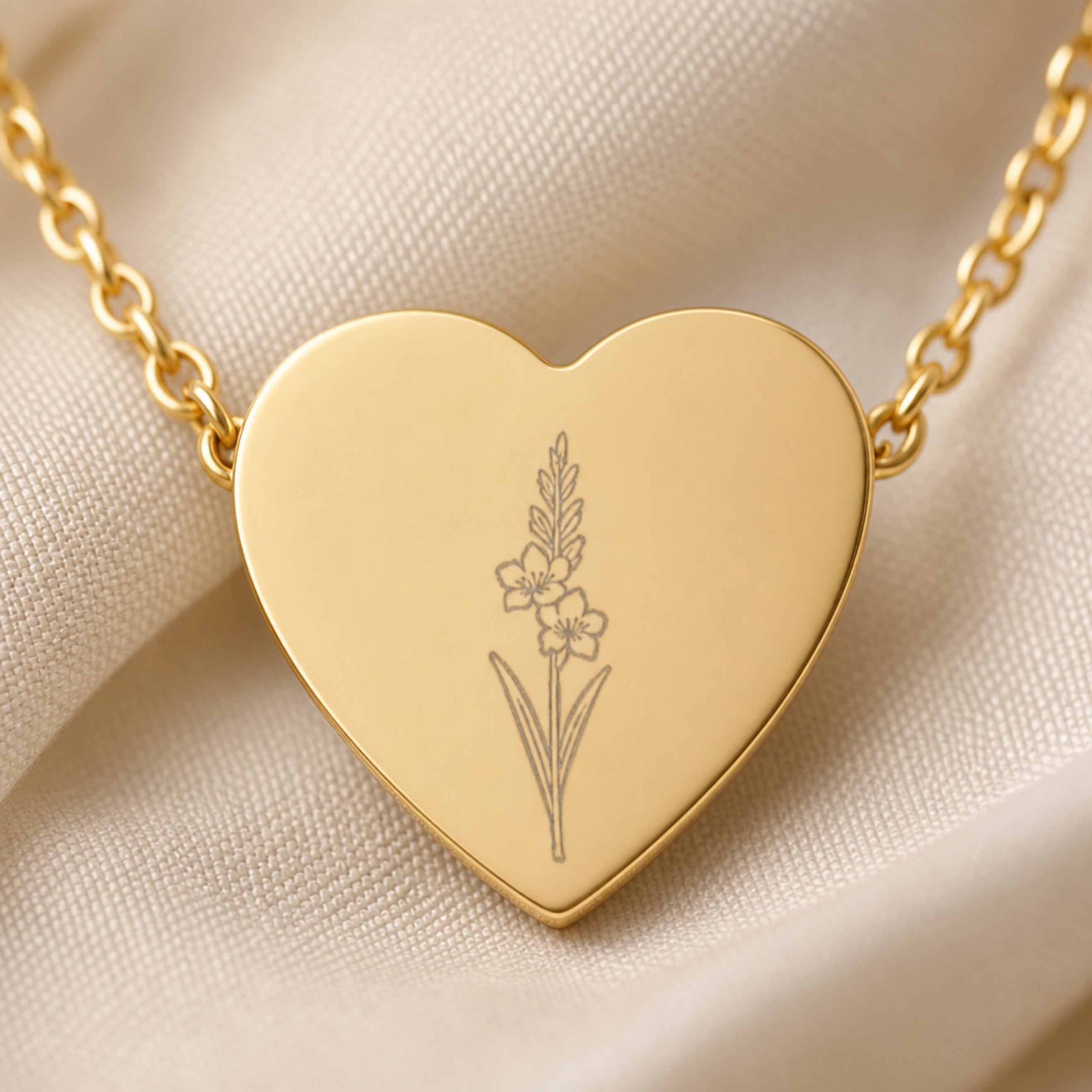 August gladiolus engraving close-up — laser-etched detail on heart pendant in 18K Gold PVD