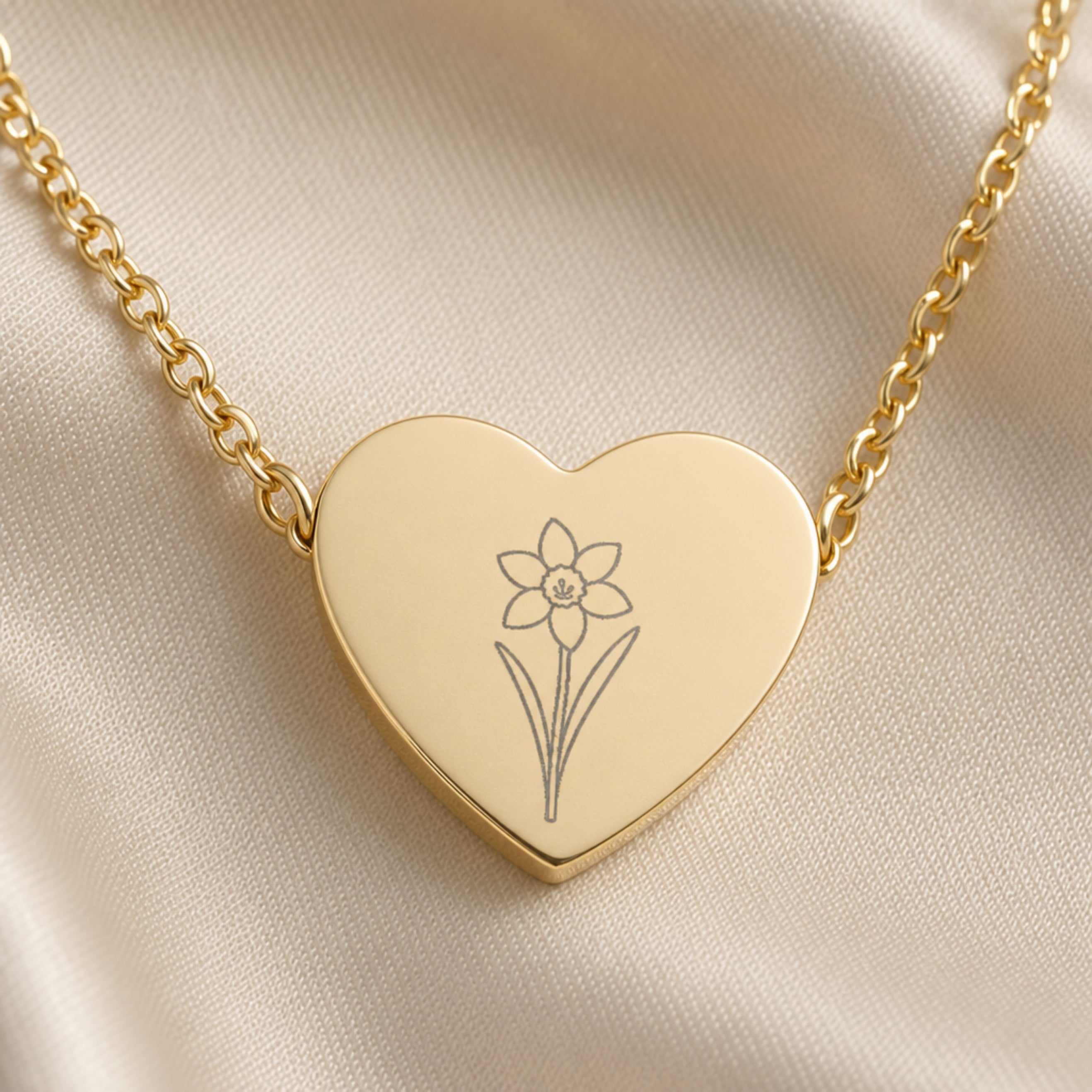 December narcissus engraving close-up — laser-etched detail on heart pendant in 18K Gold PVD