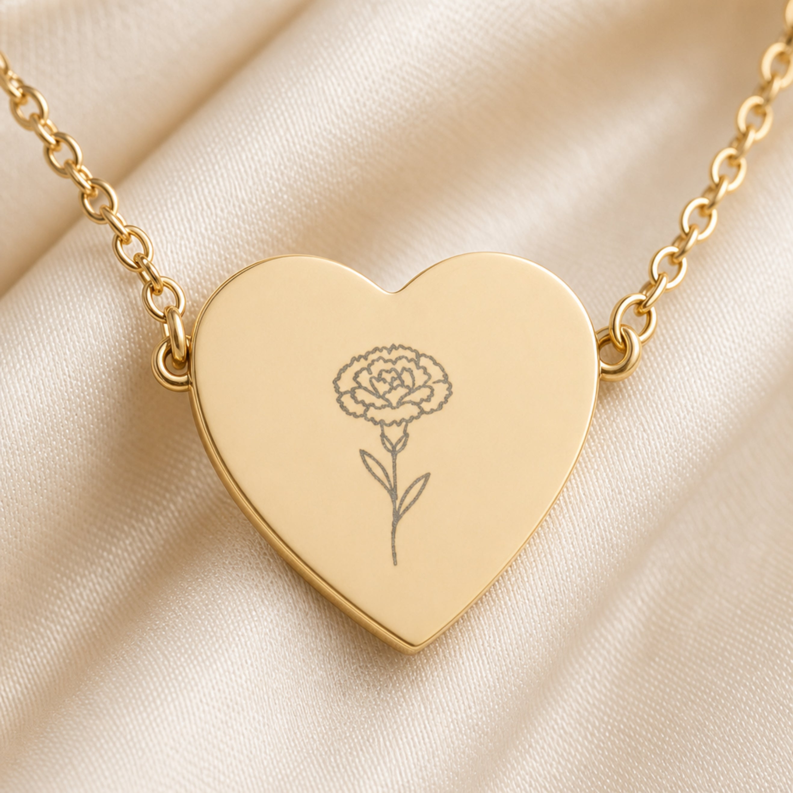 January carnation engraving close-up — laser-etched detail on heart pendant in 18K Gold PVD