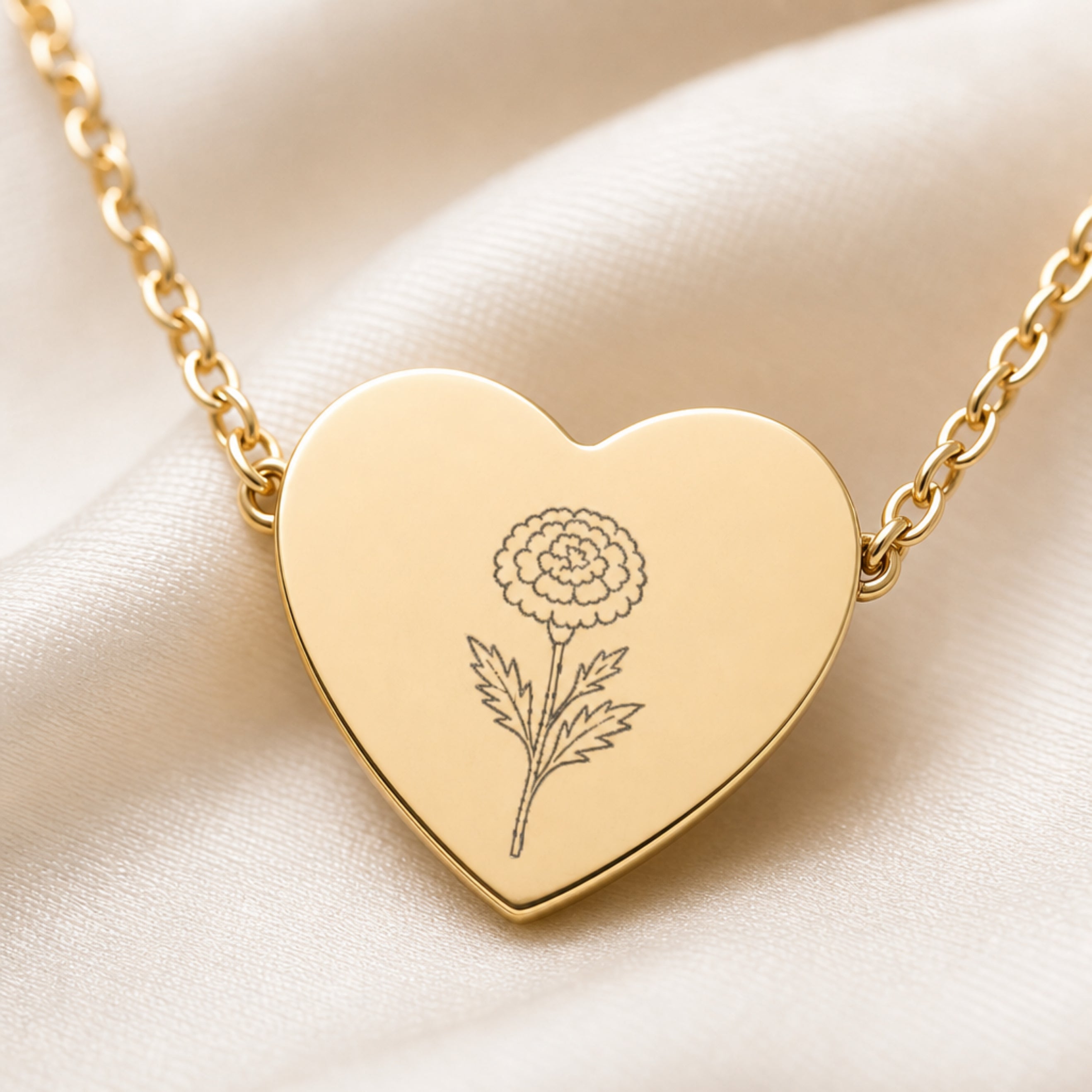 October marigold engraving close-up — laser-etched detail on heart pendant in 18K Gold PVD