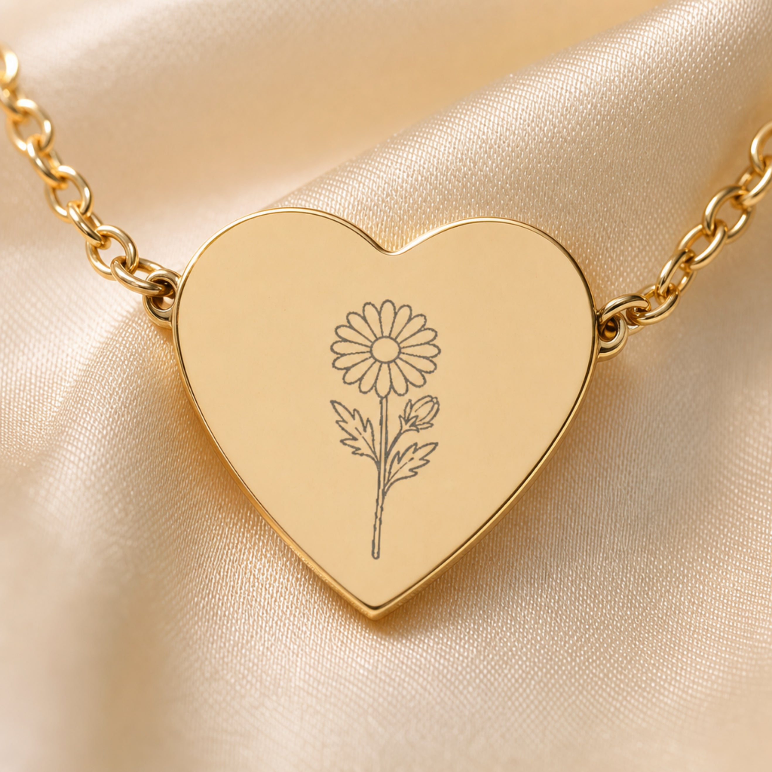September aster engraving close-up — laser-etched detail on heart pendant in 18K Gold PVD