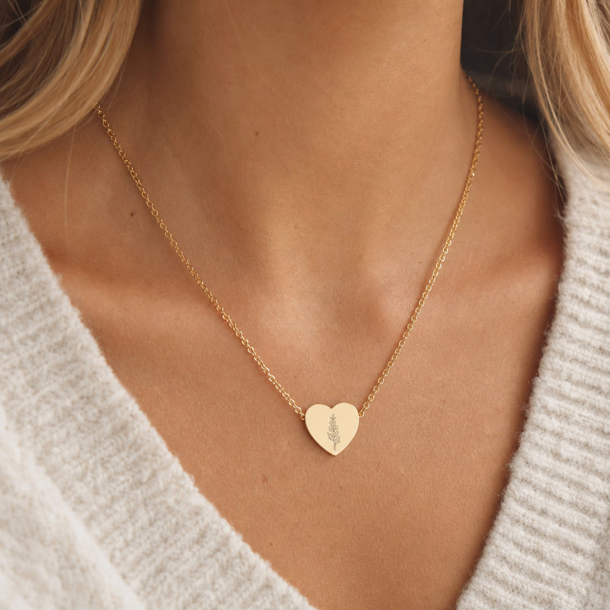 July birth flower necklace with larkspur engraving in 18K Gold PVD, worn on model