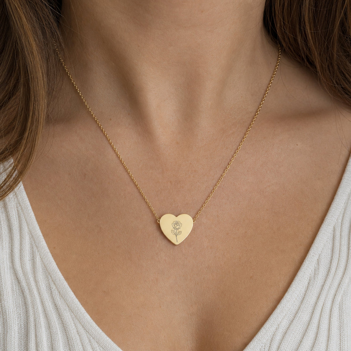 June birth flower necklace with rose engraving in 18K Gold PVD, worn on model