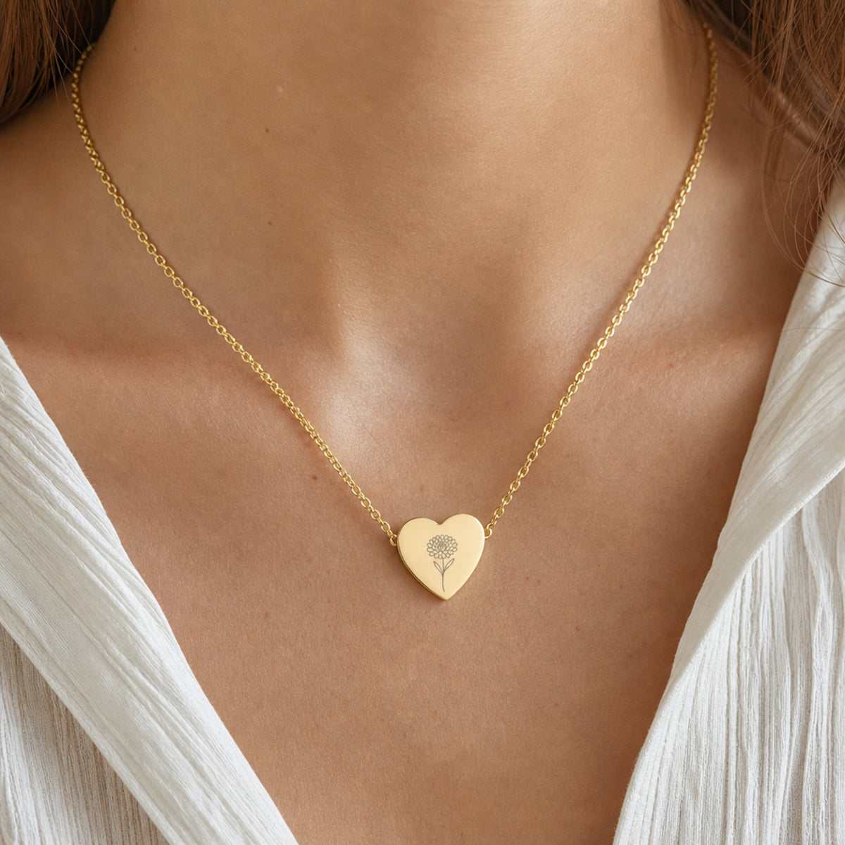 November birth flower necklace with chrysanthemum engraving in 18K Gold PVD, worn on model