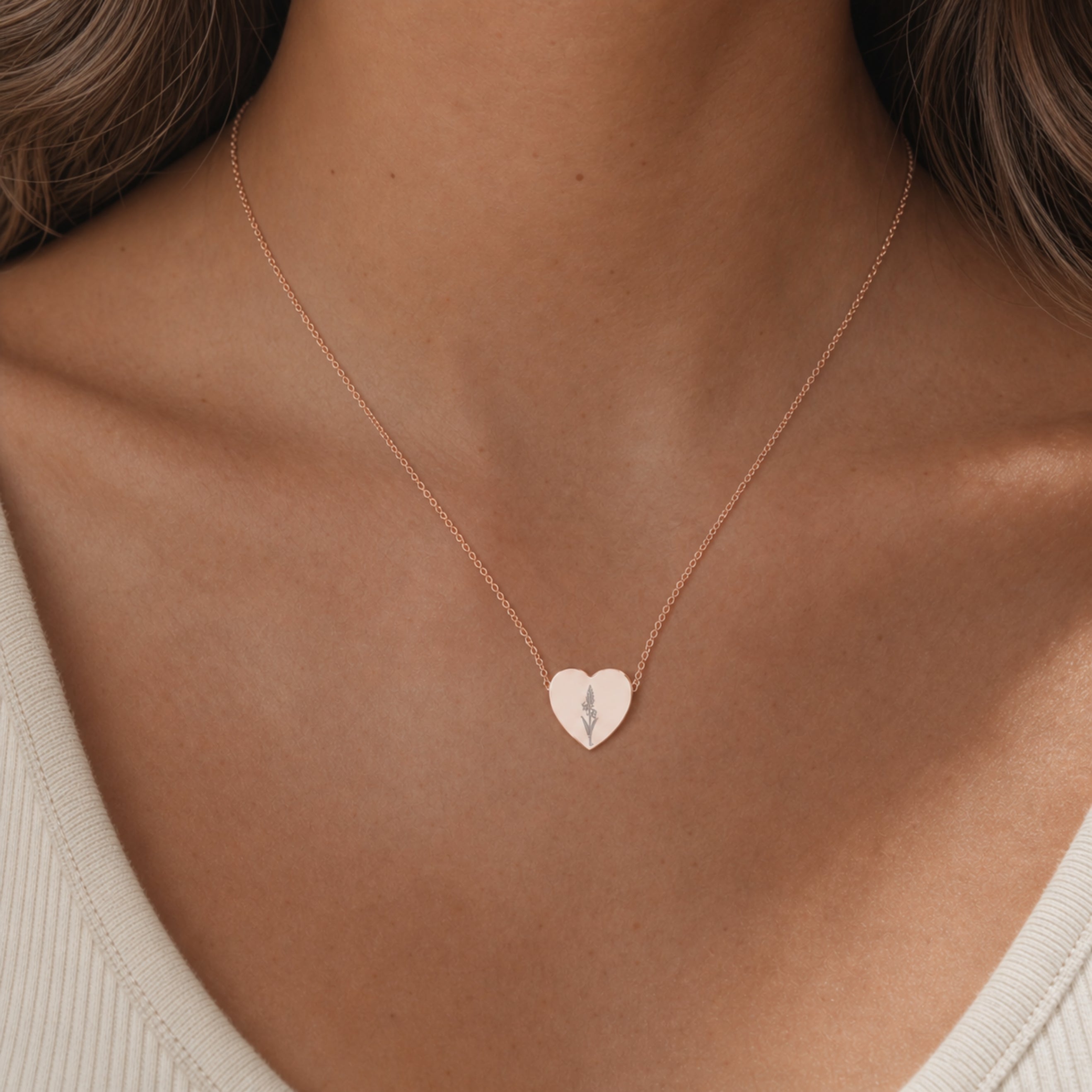 August birth flower necklace with gladiolus engraving in 18K Rose Gold PVD, worn on model