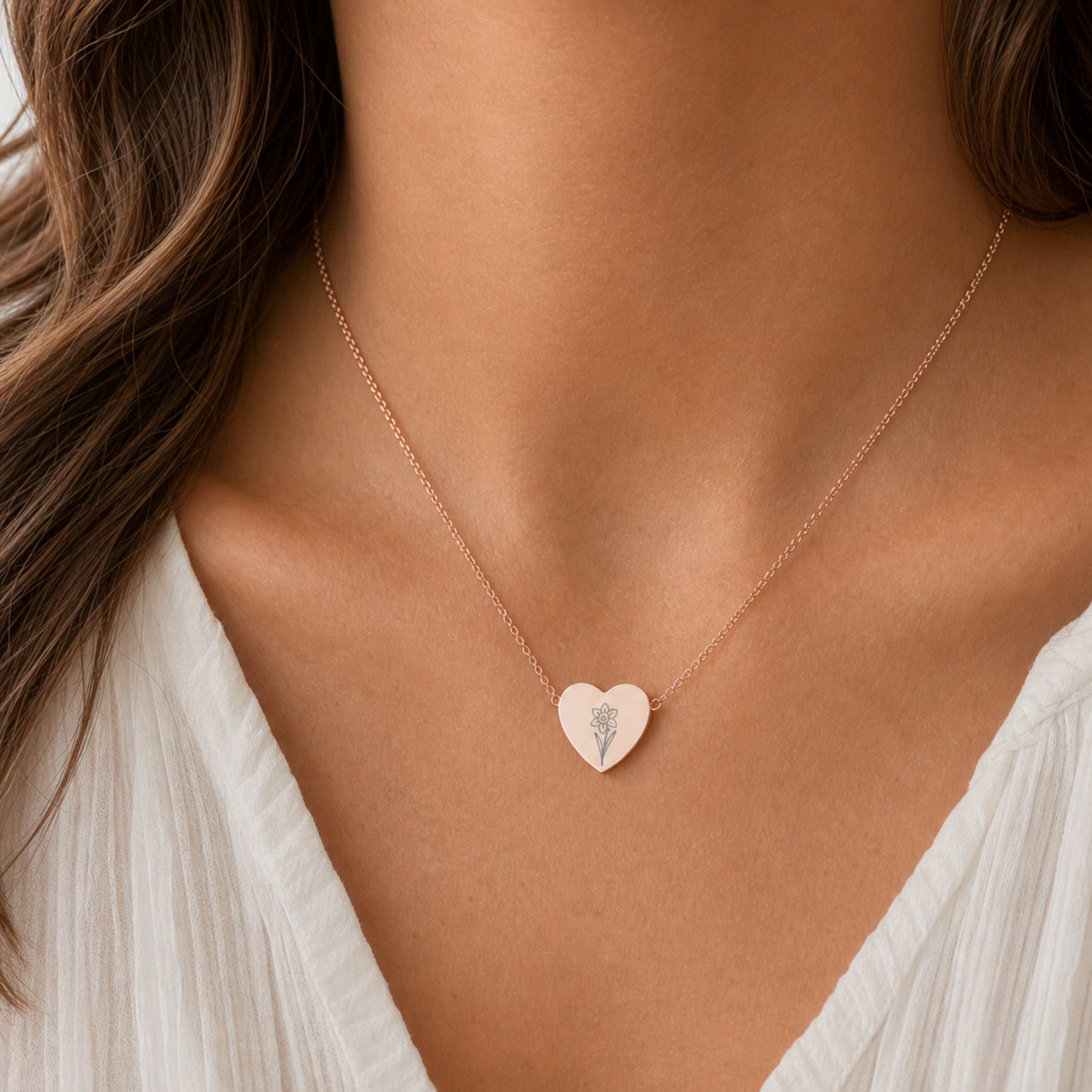 May birth flower necklace with lily of the valley engraving in 18K Rose Gold PVD, worn on model